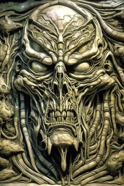 sculpture of Prometheus face , multiple lay outs , decayed and rotting with grotesque proportions and imagery. abstract grotesqueries, detailed texture, surreal horror, biomechanical design, by hr giger and beksinski