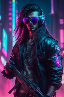 male cyberpunk solo with long hair, korean, Wearing Urban Gang Flash and mirrored dark sunglasses, and gun, headaphone, strong cyber warrior, black tatoo, attrakvtive man, Retroanime, rembradt lighting, neon complementary colors, dark vibe, scifi