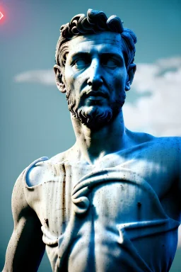 Ultra Realistic image, roman sculpture, deluxe white marble material, Angel di maria player, Renaissance style, miguel angel style, chisel style, emperor, waist up portrait, epic, celestial, cinematic lighting, God light, god rays, 4k resolution, smooth details, ornate details, unreal engine 5, blue sky background.