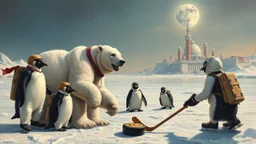 oil painting of Charlie Chaplin as two unstable constable keeper polar growlar bear on the planet of Ceres, with some penguins with hockey masks and backpacks smacking large pucks so we can see its trail, and playing hockey on frozen lake with astronauts, in front of ice megapolis