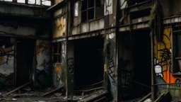 A dilapidated, abandoned building with peeling paint and graffiti on the walls, which appears to be in disrepair, with broken windows and pipes protruding from the structure. The background is dark and gloomy, with a feeling of decay and abandonment.