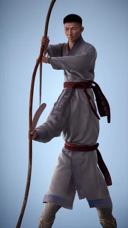 A young male water genasi with deep blue skin color, water shape dred hair on head. Shaolin monk with long stick weapon, kung fu master, martial art