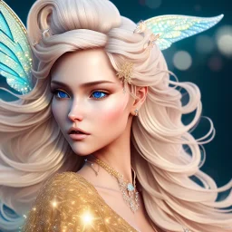 beautiful blonde fairy in a galactic ambiance, detailed gorgeous face, transparent wings, delicate colors, finely tuned detail, ultra high definition, 8 k, unreal engine 5, ultra sharp focus