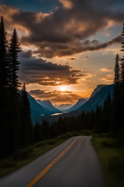 sunset in "Going to the sun road" In Glacier national park from a car seat point of view