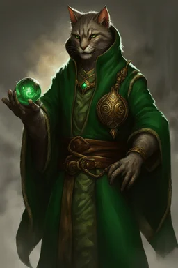 Male khajiit with grey fur and Hazel eyes wearing a emerald green robes in a fantasy setting, sorcerer of life