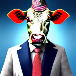 A cow wearing a suit and tie