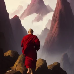 Portrait of a monk, red robe, mountain background, fog, distant temple, face front, grimdark, Frank Frazetta, Greg Rutkowski, hyperdetailed, dnd, trending on Artstation, Splash screen art, dynamic lighting, hyperdetailed, intricately detailed, a masterpiece, 8k resolution, high contrast, bearded,