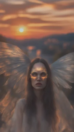 portrait up close with transparent angel wings like a butterfly on a bridge at sunset, a more intense "scream" mask from the horror movie, that looks like the original painting by Edvard Munch, bokeh like, down-light, unreal engine, prize winning