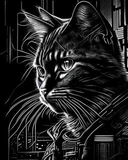 Cat cyberpunk, lineal arte, intrincado, incredible work of art, black and White, fondo negro