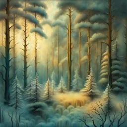 Grunge textured abstract impasto mixed media painting with dripping paint, fantastical otherworldly frozen winterscape with iridescent metallic colors, silver lines, style Amanda Clarke, Andy Kehoe, Feininger, Klimt, Klee. Reflective frozen pond, surrounded by whimsical, filigree, impressive frosted trees standing tall between extraordinary storybook houses; tendrils, grasses, cattails. Dramatic sky with stormy clouds. with mercury glass patina, glowing golden sparks, vibrant iridescent colours,