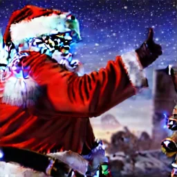 merry christmas, Transformers, Megatron dressed as Santa with reindeer, cyberpunk, landscape, transformers, hi-tech robots, cinematic, highly detailed, close up, 4k, deep colors, gold, fire, red, purple, dark, ethereal, utopia, apocalypse,