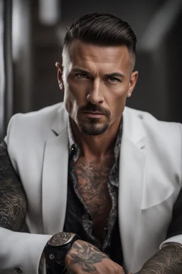 portrait of a 40 year old Handsome muscular male leader with lightly tanned skin and tattoos. Dark hair cut short and a goatee beard. wearing a white suit. photorealistic