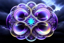 Dynamic complex hypnotic fractal 3D with horizontal Symmetry structures twisting and morphing between organic and geometric forms, smooth translucent iridescent glass with inner glow and bubbles, varied transparent materials, stormy skies, intense dramatic