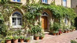 A cozy and charming old European-style house with a lush, overgrown facade covered in vines and flowers. The house has ornate arched windows and a wooden door surrounded by potted plants and flowers. The brick pathway leading to the house is lined with more potted plants and flowers, creating a whimsical and inviting atmosphere