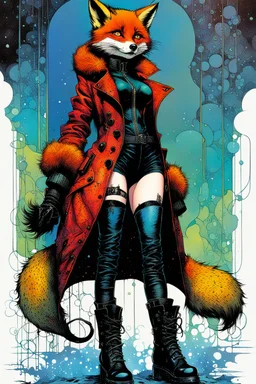 Create a fine art print , full body illustration of an epic fantasy Gothpunk Girl , with finely lined and detailed facial features, in a ragged fox fur coat, fishnet stockings ,battered combat boots, , in the comic book style of Bill Sienkiewicz, Philippe Druillet, and Jean Giraud Moebius, precisely drawn, colored and inked