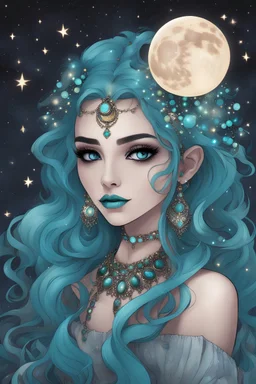 A beautiful girl with glowing starry eyes. And with turquoise hair decorated. And full body. Holds 10 glowing glass beads with a moon inside