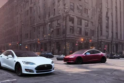 A Tesla 'Model Y' is drifting at high speeds, near the Flatiron Building in Manhattan. (CINEMATIC, WIDE ANGLE LENS, PHOTO REAL)