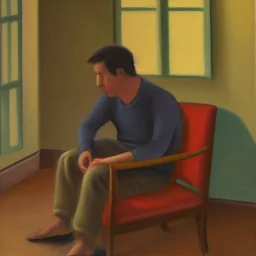 In a room, there is a man sitting on the comfortable chair. He looks so sad. Oil painting.