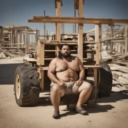 photography of a marocan ugly burly serious wet sweaty, chubby strong fat hairy carpenter, shirtless, short pants, bulge, manly chest, mustache and short beard, 36 years old, long hair, sitting with open legs on a chair , on a construction site, in the middle of a road, under the August sun, angry eyes, , hyper-realistic, photorealistic , frontal view from the ground