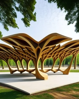 unique futeristic pavillion with benches for park