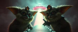 volume fog light, hyper real close up on fluffy faces of rock cute charming uplifting energetic blessed alien cricket coyote priest gremlin fashion general with hi tech transcendent lazer plasma blaster arsenal from hell, guarding bridge up to space saucer neon plastic transparent, movie poster