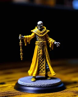 A photo of a tabletop role-playing miniature of a undead priest with yellow and black robes with minoan patterns. the priest is wearing a pallid mask. the miniature is full body. the picture is inspired by the works of john howe, alan lee and william morris.