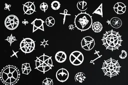 multiple different cryptic symbols spread out. white on black background