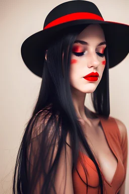 black, red, and white (a woman wearing a black fedora hat that covers her eyes. Red lip with a finger on her lips (shh)