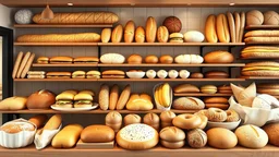 A design for a bakery shop filled with all kinds of fancy breads including baguettes, toasts, sandwiches, cheese balls, dumplings, toasts, toasts, bagels, bananas, bread steak, brioche, brownies, ciabatta, corn, pita, pretzels, pumpernickel, Rye, sourdough, tortilla, white, and whole wheat