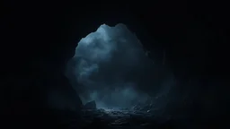 a dark spooky cave leading into pitch black darkness smoke, fantasy