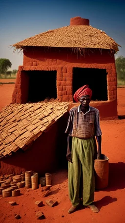 Sudanese man farming, brick house on farm