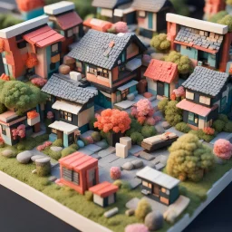 sushi neighborhood diorama, suburban homes made entirely from colorful sushi blocks, sushi textures, fantastical, mega detailed, photoreal, maximalism, dynamic composition, sign post says "SUSHI LANE"