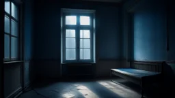 A quiet room with an old open window, letting in a pale blue mist that drifts slowly across the floor. Dim light and a mysterious atmosphere.