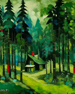 A blackish teal forest with a cozy cabin painted by Wassily Kandinsky
