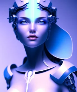 A beautiful portrait of a cute cyborg woman blue color scheme, high key lighting, volumetric light high details with white stripes and feathers and indian paterns and wimgs