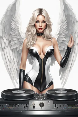 Photo realistic front view half body excellent realistic portrait Beautiful Angel straddle wings ,she on playing music turntable ,wearing black latex body suit ,at club disco party