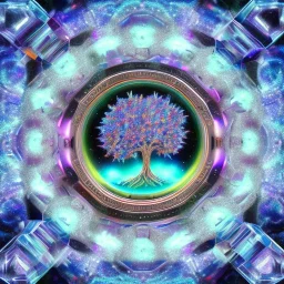  hedjuk,Tree of Life, crystal city crystalline in the sky, renderin, room, cosmic, opalescent, 100mm, opalescent, gemstones, crystals, object, other worldly,water, cristal rock ,bright, ice backg