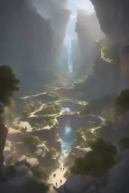 Generate image: 'The Great Divide' town at a deep chasm's southern tip. Symmetrical layout wraps along canyon walls. Blend semi-midwest, futuristic styles integrated with canyon. Showcase mystic life, unique flora, fauna, glowing plants. Town is global research capital with labs, observatories, researchers exploring mystic life. Enhance atmosphere with soft lighting, capturing magic.