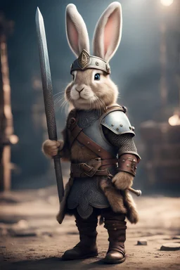 portrait of cute fast historic strong viking rabbit with horned viking helmet & boots holding ornate viking sword in fallout 4 setting, bokeh, downlight, prize winning, depth of field, in the style of ivo caprino