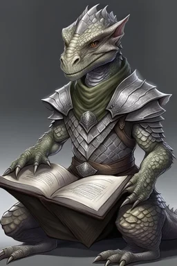 reptilian humanoid, kobold, grey diamond - shaped scales, big magic book