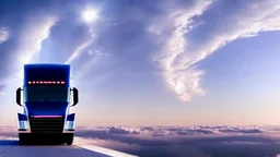 A Tesla semi-truck is racing at top speed, on the 'Cloud City' of the planet Bespin (from Star Wars). CINEMATIC. WIDE ANGLE LENS.