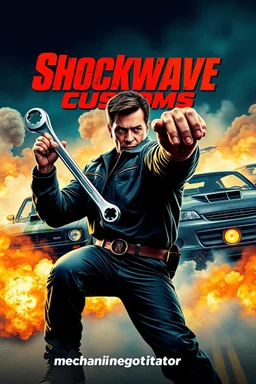 "Design a 90s-style action movie poster titled 'Shockwave Customs.' Feature a heroic mechanic in the foreground, fiercely battling thousands of adversaries with a spanner. In the background, show cars doing burnouts, creating a dynamic and intense scene. Capture the high-energy, gritty aesthetic of classic 90s action films. Prominently display the subtitle 'mmechanic negotiator' in bold, impactful lettering."