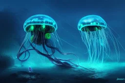 bioluminescent cyberpunk jellyfish, deep sea diver, extreme light, distant cyberpunk atlantis, organic, bio domes, coral, deep ocean, robotic, mariana trench midnight zone, bubbles, hyper realistic, hyper detailed, digital art, trending in artstation, studio quality, photorealistic, photo, by jesper ejsing, wlop, paul lehr