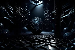 architectural illustration of a hyper crazy aluminum diorama art of the matte black ball squares circles triangles glowing lines motion blur depth of field dark metallic colors global light from the top and back hyper shadows octane render