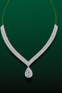 nice diamond and white gold necklace on manquin stand in luxury environment