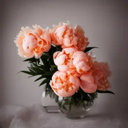 cinematic shot of peonies made from peach tulle in a glass bowl, warm lighting, soft lighting, sunbeam, linen