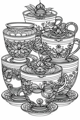 Outline art for coloring page, FULL PAGE 3 TEACUPS GROOVY DESIGN, coloring page, white background, Sketch style, only use outline, clean line art, white background, no shadows, no shading, no color, clear