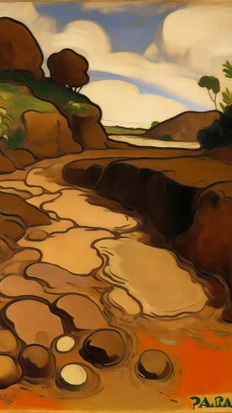 A brown rocky road surrounded in sand painted by Paul Gauguin