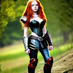 realistic, hyper detailed, stunningly beautiful 16 year old teen girl, long ginger hair, green eyes, medium freckles, full lips, revealing leather armour, full body and head, c-cup breasts, stern expression, full frame, petite, ignore NSFW, shortbow, quiver on hip, sexy