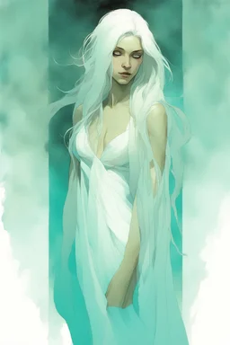 An Enigmatic Woman, Waist-Up View, Back Adorned With Translucent Fabric, Skin Touched With Teal Shimmer, Ethereal Light Glowing, Long White Hair Cascading To Her Shoulders, Artwork By Gracious Face, Charming Eyes, Alex Maleev, Intricate Details, Backlit